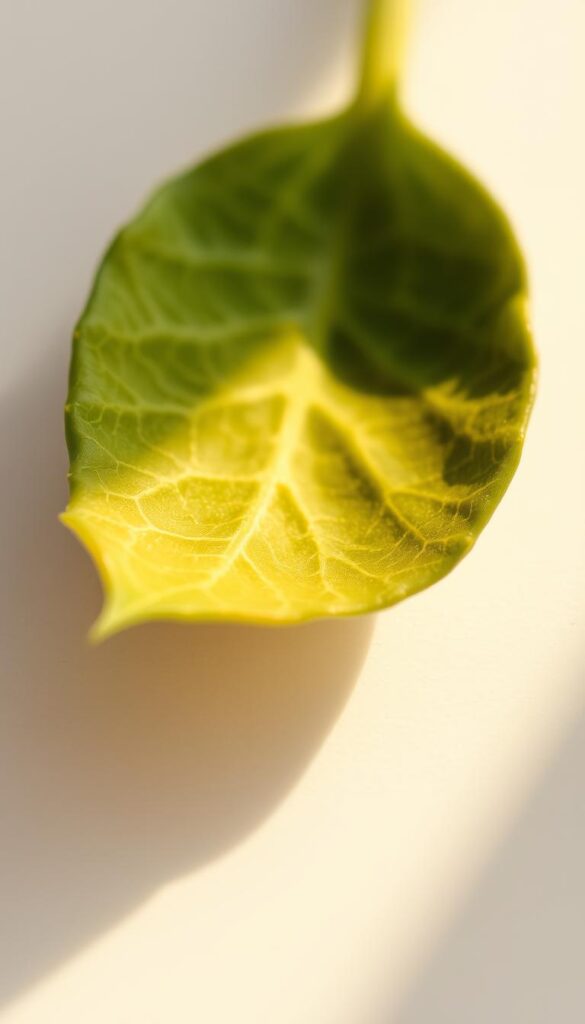 A close-up view of a single leaf resting on a soft, blurred background. The leaf's veins are clearly visible, with a delicate, lace-like pattern. The lighting is natural and diffused, casting a warm, golden glow on the leaf's surface. The depth of field is shallow, allowing the leaf to be the focal point of the image. The overall composition is simple and minimalist, highlighting the intricate details and natural beauty of the succulent leaf. A close-up view of a single leaf resting on a soft, blurred background. The leaf's veins are clearly visible, with a delicate, lace-like pattern. The lighting is natural and diffused, casting a warm, golden glow on the leaf's surface. The depth of field is shallow, allowing the leaf to be the focal point of the image. The overall composition is simple and minimalist, highlighting the intricate details and natural beauty of the succulent leaf.