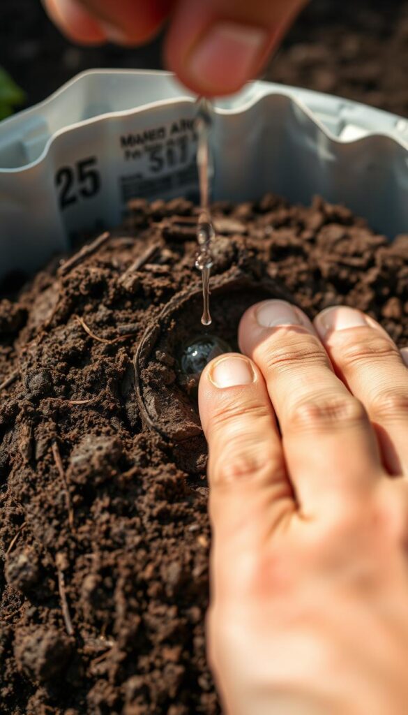 A close-up view of a soil sample undergoing a texture and drainage test. The soil is dark brown and loamy, with distinct layers of different particle sizes visible. A hand is gently pressing the soil, revealing its pliability and ability to hold its shape. A small amount of water is being dripped onto the sample, creating patterns as it seeps through the soil. The lighting is natural and diffused, casting soft shadows that highlight the soil's texture. The camera angle is slightly elevated, providing a detailed, scientific perspective on the testing process. The overall mood is one of careful examination and assessment, reflecting the importance of understanding soil characteristics before planting a vegetable garden.