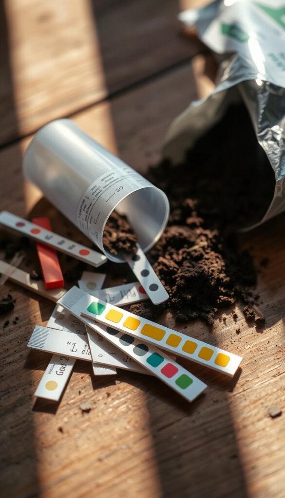 A close-up view of a soil test kit on a wooden surface, the contents spilled out neatly arranged. The kit includes a soil sample container, pH test strips, and other analysis tools. Soft, directional lighting illuminates the scene, casting subtle shadows that add depth and dimension. The overall mood is one of precision and scientific inquiry, inviting the viewer to consider the importance of properly understanding one's lawn's soil composition before embarking on any lawn care regimen. A close-up view of a soil test kit on a wooden surface, the contents spilled out neatly arranged. The kit includes a soil sample container, pH test strips, and other analysis tools. Soft, directional lighting illuminates the scene, casting subtle shadows that add depth and dimension. The overall mood is one of precision and scientific inquiry, inviting the viewer to consider the importance of properly understanding one's lawn's soil composition before embarking on any lawn care regimen.