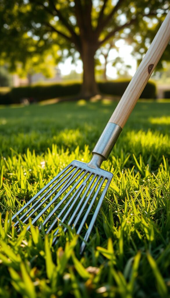 A close-up view of a sturdy metal garden rake with a long wooden handle, its tines sharp and evenly spaced, resting on a lush green grass lawn. Sunlight filters through the leaves of a nearby tree, casting a warm, natural glow on the rake. The rake is positioned diagonally, creating a dynamic, asymmetrical composition that emphasizes its utility and purpose. The scene exudes a sense of tranquility and practicality, perfectly capturing the essence of a tool designed for the efficient removal of lawn thatch.