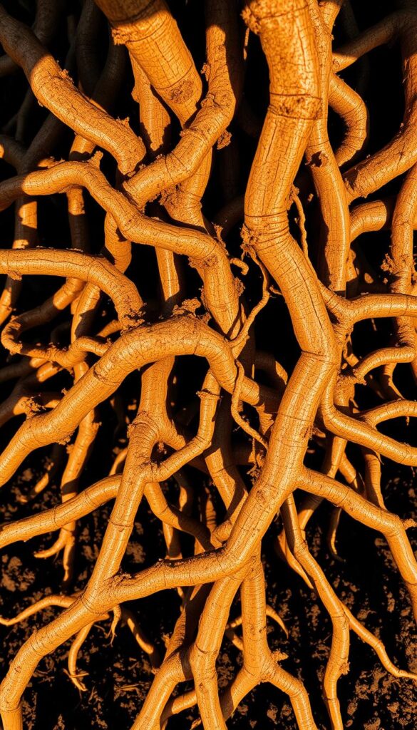 A close-up view of a tangled web of thick, woody roots emerging from the soil, their textured and twisted forms creating an intricate, almost sculptural pattern. The roots spread out in a radial design, some branching off and diving deep, others surfacing and intertwining. Warm, directional lighting casts dramatic shadows, accentuating the depth and contours of the root structure. The soil surrounding the roots is slightly moist, with a rich, earthy tone. The overall composition focuses on the complexity and organic nature of this root system, conveying the issues of root-bound plants and the importance of proper potting. A close-up view of a tangled web of thick, woody roots emerging from the soil, their textured and twisted forms creating an intricate, almost sculptural pattern. The roots spread out in a radial design, some branching off and diving deep, others surfacing and intertwining. Warm, directional lighting casts dramatic shadows, accentuating the depth and contours of the root structure. The soil surrounding the roots is slightly moist, with a rich, earthy tone. The overall composition focuses on the complexity and organic nature of this root system, conveying the issues of root-bound plants and the importance of proper potting.
