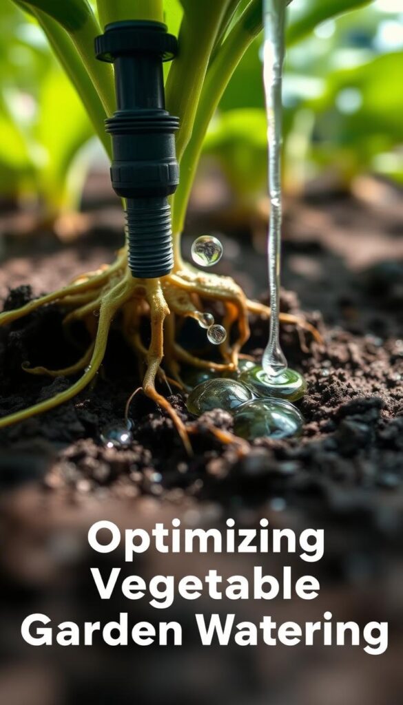 A close-up view of a vegetable plant's roots, with a drip irrigation system gently releasing water directly onto the soil around the roots. The scene is illuminated by soft, diffused natural light, creating a serene and calming atmosphere. The roots are visible, surrounded by moist, dark soil, and the water droplets glisten on the surface. The camera angle is low, capturing the intricate details of the root system and the targeted irrigation technique. The composition emphasizes the importance of efficient water delivery to the plant's root zone, aligning with the article's focus on optimizing vegetable garden watering. A close-up view of a vegetable plant's roots, with a drip irrigation system gently releasing water directly onto the soil around the roots. The scene is illuminated by soft, diffused natural light, creating a serene and calming atmosphere. The roots are visible, surrounded by moist, dark soil, and the water droplets glisten on the surface. The camera angle is low, capturing the intricate details of the root system and the targeted irrigation technique. The composition emphasizes the importance of efficient water delivery to the plant's root zone, aligning with the article's focus on optimizing vegetable garden watering.