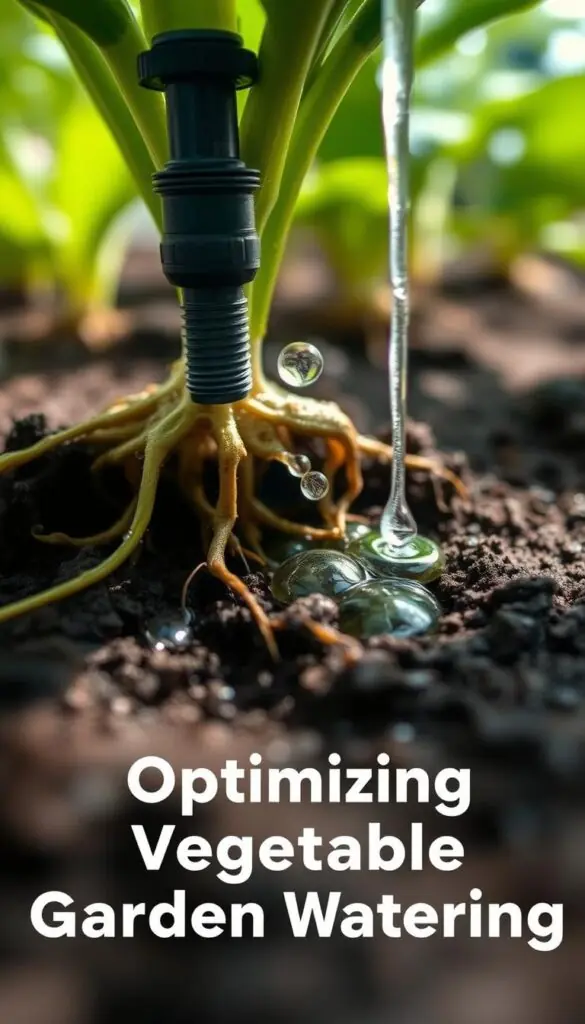 A close-up view of a vegetable plant's roots, with a drip irrigation system gently releasing water directly onto the soil around the roots. The scene is illuminated by soft, diffused natural light, creating a serene and calming atmosphere. The roots are visible, surrounded by moist, dark soil, and the water droplets glisten on the surface. The camera angle is low, capturing the intricate details of the root system and the targeted irrigation technique. The composition emphasizes the importance of efficient water delivery to the plant's root zone, aligning with the article's focus on optimizing vegetable garden watering. A close-up view of a vegetable plant's roots, with a drip irrigation system gently releasing water directly onto the soil around the roots. The scene is illuminated by soft, diffused natural light, creating a serene and calming atmosphere. The roots are visible, surrounded by moist, dark soil, and the water droplets glisten on the surface. The camera angle is low, capturing the intricate details of the root system and the targeted irrigation technique. The composition emphasizes the importance of efficient water delivery to the plant's root zone, aligning with the article's focus on optimizing vegetable garden watering.
