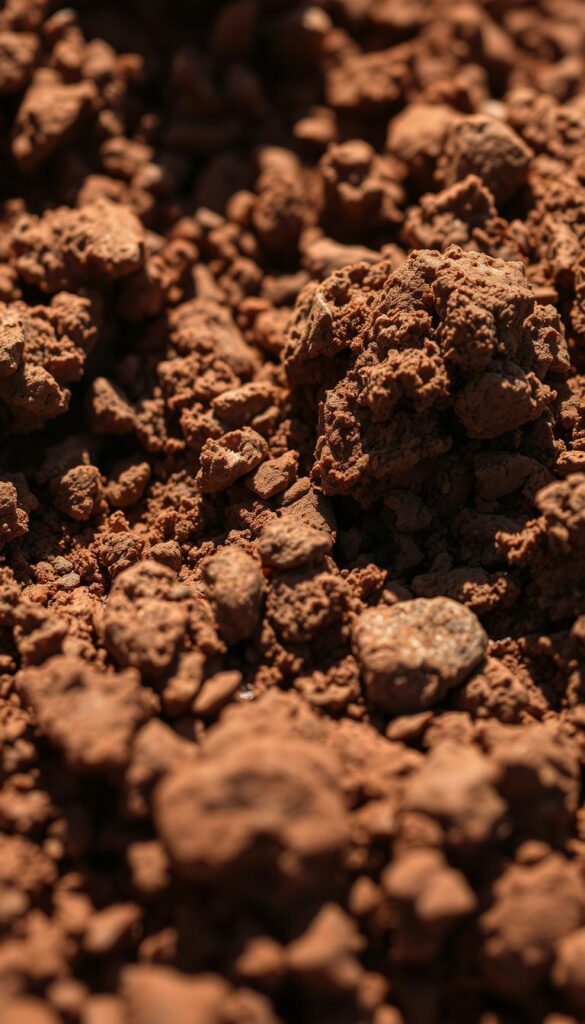 A close-up view of clay-rich soil, captured with a high-resolution macro lens. The soil appears dense and heavy, with a distinct reddish-brown hue and a slightly clumped texture. Sunlight gently illuminates the surface, casting subtle shadows that reveal the intricate structure of the soil particles. The image conveys a sense of the earthy, nutrient-rich nature of this type of soil, providing a clear visual representation of the challenges and opportunities it presents for gardeners and lawn care enthusiasts.