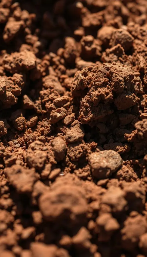 A close-up view of clay-rich soil, captured with a high-resolution macro lens. The soil appears dense and heavy, with a distinct reddish-brown hue and a slightly clumped texture. Sunlight gently illuminates the surface, casting subtle shadows that reveal the intricate structure of the soil particles. The image conveys a sense of the earthy, nutrient-rich nature of this type of soil, providing a clear visual representation of the challenges and opportunities it presents for gardeners and lawn care enthusiasts. A close-up view of clay-rich soil, captured with a high-resolution macro lens. The soil appears dense and heavy, with a distinct reddish-brown hue and a slightly clumped texture. Sunlight gently illuminates the surface, casting subtle shadows that reveal the intricate structure of the soil particles. The image conveys a sense of the earthy, nutrient-rich nature of this type of soil, providing a clear visual representation of the challenges and opportunities it presents for gardeners and lawn care enthusiasts.