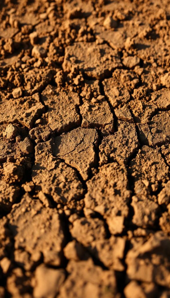 A close-up view of compacted soil with a hardened, cracked surface. The soil appears dense and unyielding, with minimal visible pore space or organic matter. The texture is coarse and uneven, with small clumps and fragments. Warm, directional lighting casts shadows that accentuate the irregular topography, creating a sense of depth and texture. The image is captured at a low angle, emphasizing the difficult, unyielding nature of the soil, conveying the need for lawn aeration to improve soil health and lawn vitality.