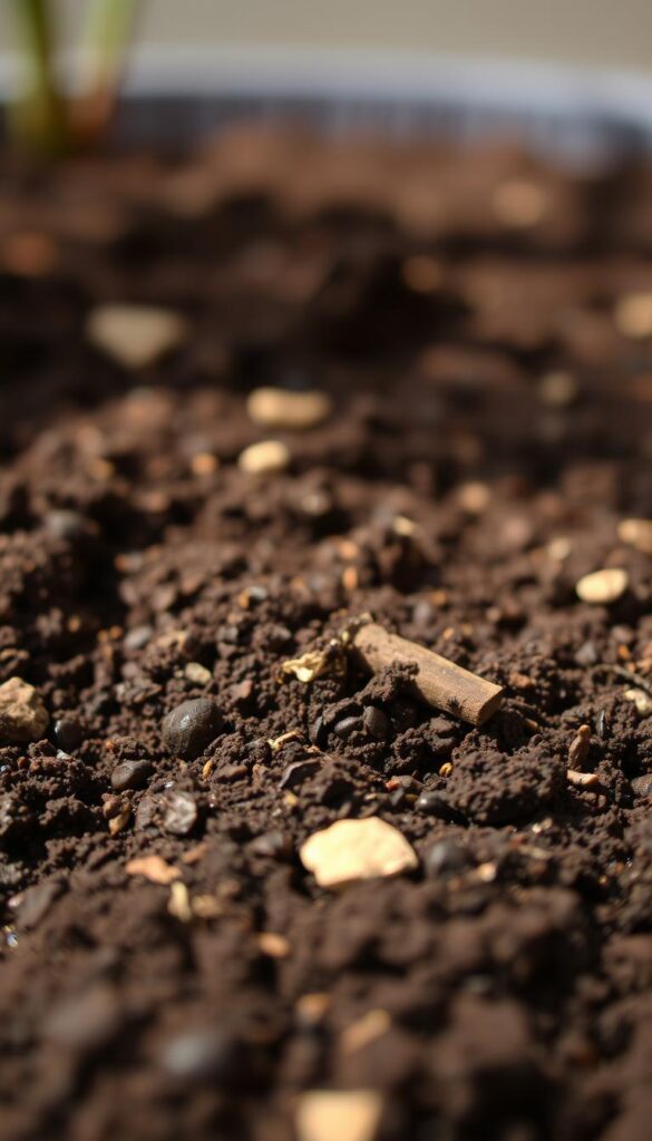 A close-up view of dark, rich soil with a mixture of loamy textures and organic matter, captured in soft, warm lighting. The soil appears moist and crumbly, with visible bits of decomposed plant material and small pebbles scattered throughout. The foreground is in sharp focus, drawing the viewer's attention to the intricate details of the soil structure. The middle ground fades into a hazy, out-of-focus background, emphasizing the soil as the primary subject. The image conveys a sense of earthy, natural vitality, hinting at the potential for healthy plant growth and the importance of a well-prepared foundation for indoor plants. A close-up view of dark, rich soil with a mixture of loamy textures and organic matter, captured in soft, warm lighting. The soil appears moist and crumbly, with visible bits of decomposed plant material and small pebbles scattered throughout. The foreground is in sharp focus, drawing the viewer's attention to the intricate details of the soil structure. The middle ground fades into a hazy, out-of-focus background, emphasizing the soil as the primary subject. The image conveys a sense of earthy, natural vitality, hinting at the potential for healthy plant growth and the importance of a well-prepared foundation for indoor plants.