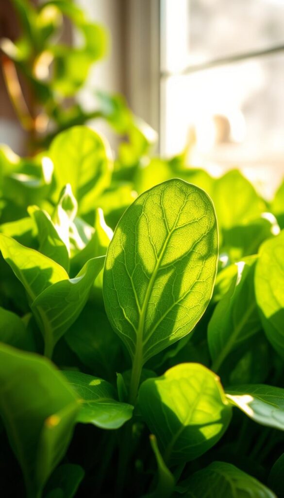 A close-up view of fresh, vibrant spinach leaves growing in a lush, indoor garden. The leaves are a deep, emerald green, gently unfurling and overlapping, with a soft, velvety texture. Bright, indirect sunlight filters through a window, casting warm, golden shadows that accentuate the delicate veining and natural curves of the leaves. The background is blurred, focusing attention on the delicate, compact spinach plants, conveying a sense of tranquility and the joy of cultivating nutritious greens indoors, even during the winter months. A close-up view of fresh, vibrant spinach leaves growing in a lush, indoor garden. The leaves are a deep, emerald green, gently unfurling and overlapping, with a soft, velvety texture. Bright, indirect sunlight filters through a window, casting warm, golden shadows that accentuate the delicate veining and natural curves of the leaves. The background is blurred, focusing attention on the delicate, compact spinach plants, conveying a sense of tranquility and the joy of cultivating nutritious greens indoors, even during the winter months.