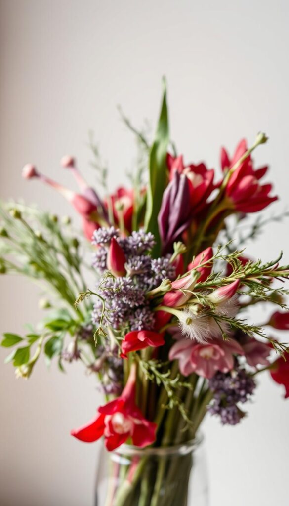 A close-up view of freshly cut flower stems arranged in a glass vase against a clean, soft-focus background. The stems are a mix of vibrant greens, reds, and purples, with delicate foliage and petals visible. The lighting is natural and gentle, creating a warm, inviting atmosphere. The camera angle is slightly elevated to showcase the intricate textures and colors of the stems. The overall composition is balanced and visually appealing, showcasing the beauty and artistry of preparing flowers for a DIY floral arrangement. A close-up view of freshly cut flower stems arranged in a glass vase against a clean, soft-focus background. The stems are a mix of vibrant greens, reds, and purples, with delicate foliage and petals visible. The lighting is natural and gentle, creating a warm, inviting atmosphere. The camera angle is slightly elevated to showcase the intricate textures and colors of the stems. The overall composition is balanced and visually appealing, showcasing the beauty and artistry of preparing flowers for a DIY floral arrangement.