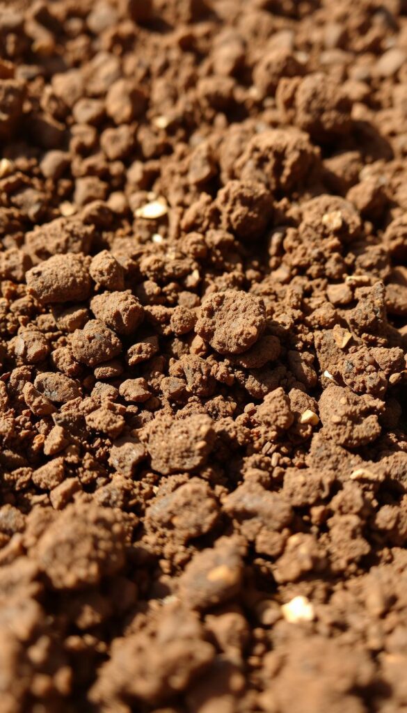 A close-up view of freshly dug, nutrient-rich potting soil with a warm, earthy tone. The soil is a deep, rich brown color, with visible flecks of organic matter and perlite throughout. The texture is slightly crumbly and loose, hinting at the ideal aeration and drainage for growing thriving succulents. The lighting is soft and natural, casting subtle shadows that accentuate the soil's texture. The image is captured at a low angle, drawing the viewer's attention to the soil's inviting, fertile appearance, ready to nourish and support a flourishing indoor succulent garden. A close-up view of freshly dug, nutrient-rich potting soil with a warm, earthy tone. The soil is a deep, rich brown color, with visible flecks of organic matter and perlite throughout. The texture is slightly crumbly and loose, hinting at the ideal aeration and drainage for growing thriving succulents. The lighting is soft and natural, casting subtle shadows that accentuate the soil's texture. The image is captured at a low angle, drawing the viewer's attention to the soil's inviting, fertile appearance, ready to nourish and support a flourishing indoor succulent garden.