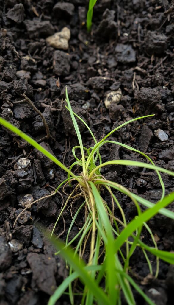 A close-up view of freshly fertilized soil, with rich, dark earth teeming with microbial life. In the foreground, a cluster of healthy grass roots, their fine tendrils intertwined, greedily absorbing the nutrients from the nourishing compost. Soft, diffused light filters through the frame, casting a warm, earthy glow and highlighting the intricate textures of the soil. The composition emphasizes the interconnectedness of the underground ecosystem, the roots' vital role in anchoring the lawn, and the importance of fall fertilization for preparing the grass for the cooler months ahead.