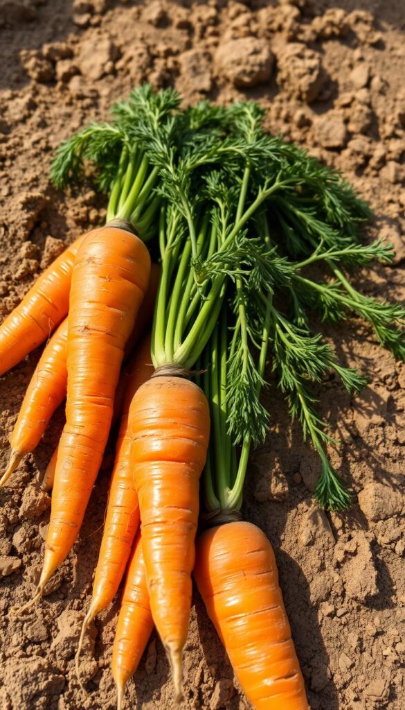 A close-up view of freshly harvested carrots in a rustic, earth-toned setting. The vibrant orange roots emerge from a soft, crumbly soil backdrop, their leafy greens still attached, conveying a sense of just-picked vitality. Soft, diffused natural light illuminates the scene, casting gentle shadows that add depth and dimension. The carrots are positioned in a visually appealing arrangement, showcasing their tapered shapes and distinct textures. The overall mood is one of abundance, warmth, and the joy of homegrown produce. A close-up view of freshly harvested carrots in a rustic, earth-toned setting. The vibrant orange roots emerge from a soft, crumbly soil backdrop, their leafy greens still attached, conveying a sense of just-picked vitality. Soft, diffused natural light illuminates the scene, casting gentle shadows that add depth and dimension. The carrots are positioned in a visually appealing arrangement, showcasing their tapered shapes and distinct textures. The overall mood is one of abundance, warmth, and the joy of homegrown produce.
