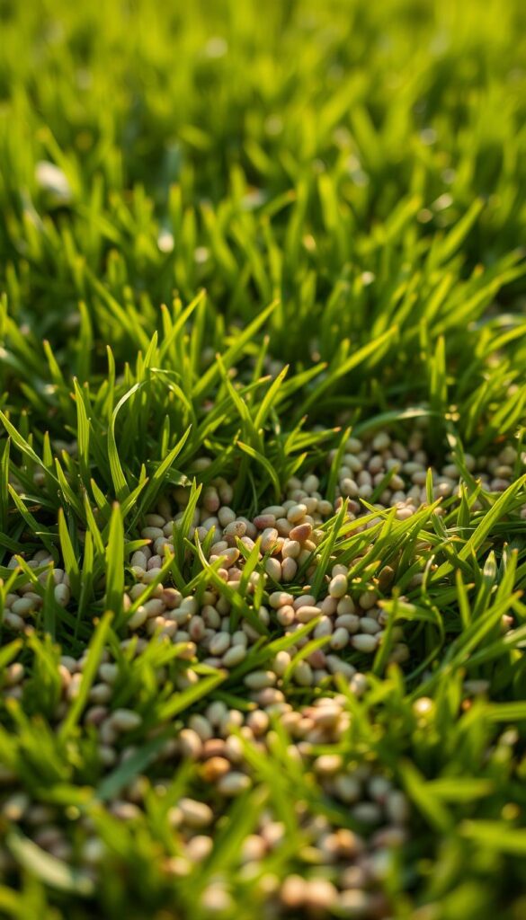 A close-up view of freshly overseeded grass seed on a lush, well-tended lawn. The seeds are small, round, and uniformly scattered across the ground, with a vibrant green backdrop of healthy, dense grass blades. Soft, warm lighting casts a gentle glow, highlighting the intricate textures and details of the individual seeds. The depth of field is shallow, drawing the viewer's attention to the foreground and creating a sense of focus on the overseeding process. The overall composition conveys a sense of care, attention, and the potential for a thriving, weed-free lawn. A close-up view of freshly overseeded grass seed on a lush, well-tended lawn. The seeds are small, round, and uniformly scattered across the ground, with a vibrant green backdrop of healthy, dense grass blades. Soft, warm lighting casts a gentle glow, highlighting the intricate textures and details of the individual seeds. The depth of field is shallow, drawing the viewer's attention to the foreground and creating a sense of focus on the overseeding process. The overall composition conveys a sense of care, attention, and the potential for a thriving, weed-free lawn.