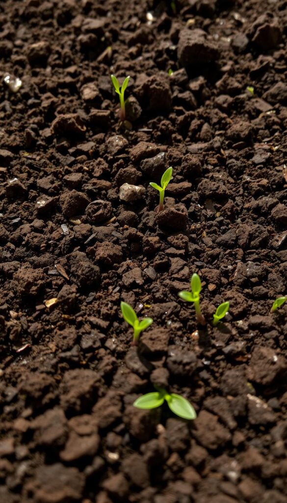 A close-up view of freshly tilled soil, rich and dark, with crumbs of earth exposing the fertile loam beneath. Soft, indirect lighting illuminates the texture, revealing the intricate patterns of small cracks and pockets of air. The soil's surface is slightly damp, glistening with the promise of new growth to come. Scattered throughout are the first tender shoots of spring vegetation, their delicate green hues peeking through the earthy backdrop. The overall impression is one of renewal and the quiet anticipation of the gardening season ahead. A close-up view of freshly tilled soil, rich and dark, with crumbs of earth exposing the fertile loam beneath. Soft, indirect lighting illuminates the texture, revealing the intricate patterns of small cracks and pockets of air. The soil's surface is slightly damp, glistening with the promise of new growth to come. Scattered throughout are the first tender shoots of spring vegetation, their delicate green hues peeking through the earthy backdrop. The overall impression is one of renewal and the quiet anticipation of the gardening season ahead.