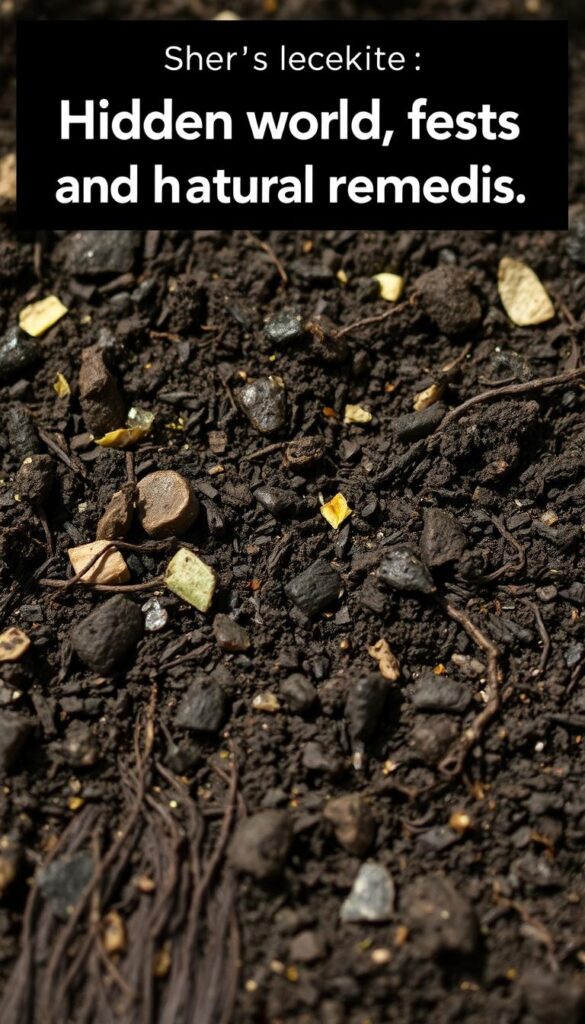 A close-up view of freshly turned, nutrient-rich potting soil, its dark, loamy texture glistening with moisture under soft, natural lighting. Flecks of organic matter and tiny roots visible throughout, hinting at the vibrant ecosystem teeming beneath the surface. The soil fills the frame, inviting the viewer to appreciate the essential foundation for healthy indoor plants. A sense of depth and texture is achieved through subtle shadows and highlights, conveying the soil's depth and complexity. The overall mood is one of earthy vitality, setting the stage for the hidden world of pests and their natural remedies.
