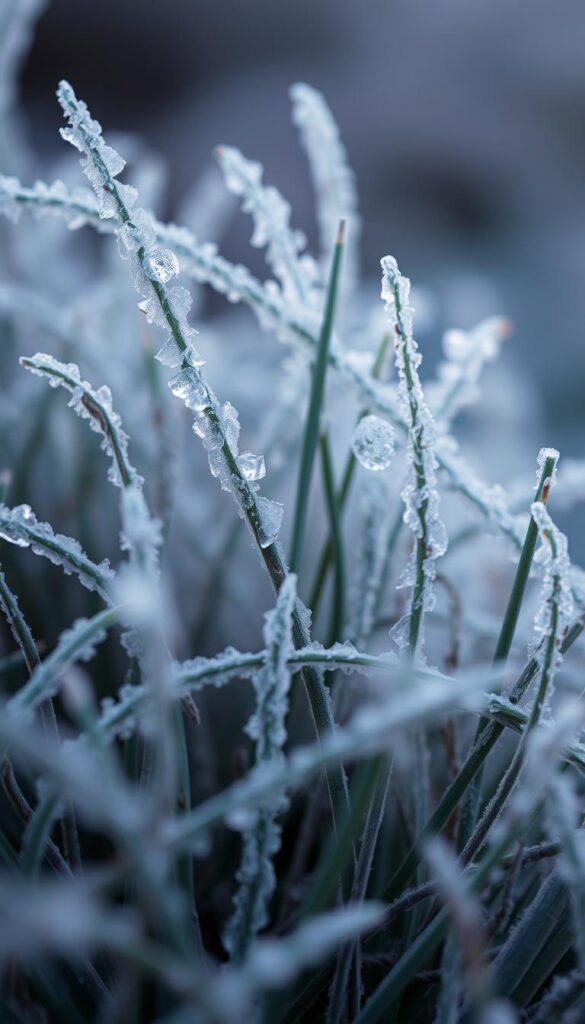 A close-up view of frost-damaged grass blades, depicting the delicate, translucent ice crystals that have formed on their surfaces. The grass appears brittle and discolored, with a muted, frosty palette of blues, grays, and whites. The lighting is soft and diffused, creating a sense of stillness and quiet contemplation. The depth of field is shallow, focusing the viewer's attention on the intricate details of the individual grass strands, while the background is gently blurred, creating a sense of isolation and emphasis on the subject. The overall mood is one of fragility and the quiet beauty found in nature's delicate cycles.