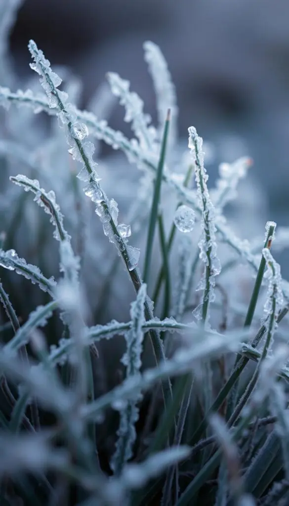 A close-up view of frost-damaged grass blades, depicting the delicate, translucent ice crystals that have formed on their surfaces. The grass appears brittle and discolored, with a muted, frosty palette of blues, grays, and whites. The lighting is soft and diffused, creating a sense of stillness and quiet contemplation. The depth of field is shallow, focusing the viewer's attention on the intricate details of the individual grass strands, while the background is gently blurred, creating a sense of isolation and emphasis on the subject. The overall mood is one of fragility and the quiet beauty found in nature's delicate cycles. A close-up view of frost-damaged grass blades, depicting the delicate, translucent ice crystals that have formed on their surfaces. The grass appears brittle and discolored, with a muted, frosty palette of blues, grays, and whites. The lighting is soft and diffused, creating a sense of stillness and quiet contemplation. The depth of field is shallow, focusing the viewer's attention on the intricate details of the individual grass strands, while the background is gently blurred, creating a sense of isolation and emphasis on the subject. The overall mood is one of fragility and the quiet beauty found in nature's delicate cycles.