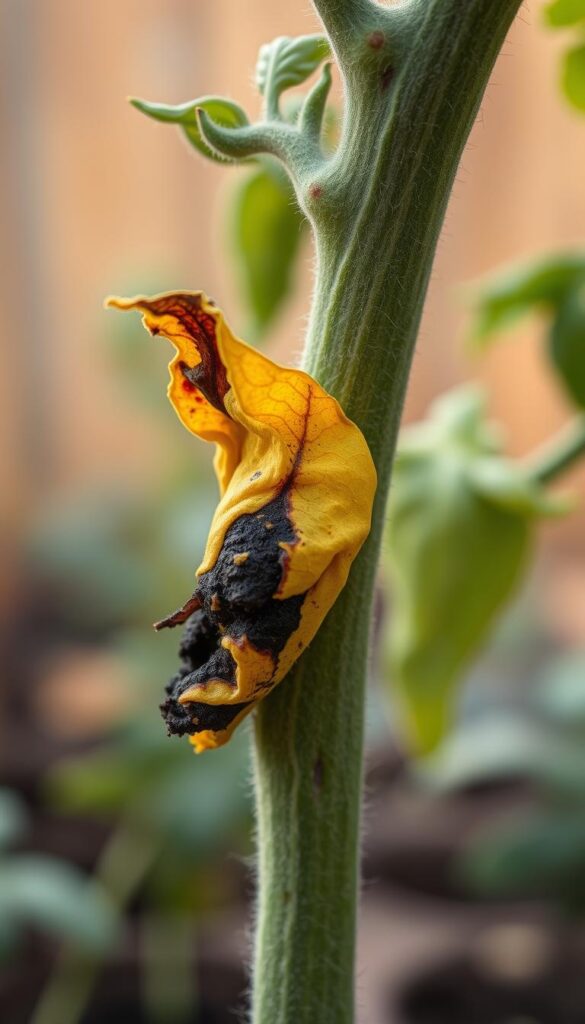 A close-up view of fusarium wilt on a tomato plant stem, showcasing the characteristic yellow, wilted leaves and dark brown discoloration. The plant is set against a blurred, warm-toned background reminiscent of a garden in the late summer. Soft, directional lighting casts subtle shadows, emphasizing the textural details of the affected stem. The image is captured with a shallow depth of field, focusing the viewer's attention on the affected area. The overall mood is one of concern and an educational, scientific examination of this common tomato disease. A close-up view of fusarium wilt on a tomato plant stem, showcasing the characteristic yellow, wilted leaves and dark brown discoloration. The plant is set against a blurred, warm-toned background reminiscent of a garden in the late summer. Soft, directional lighting casts subtle shadows, emphasizing the textural details of the affected stem. The image is captured with a shallow depth of field, focusing the viewer's attention on the affected area. The overall mood is one of concern and an educational, scientific examination of this common tomato disease.