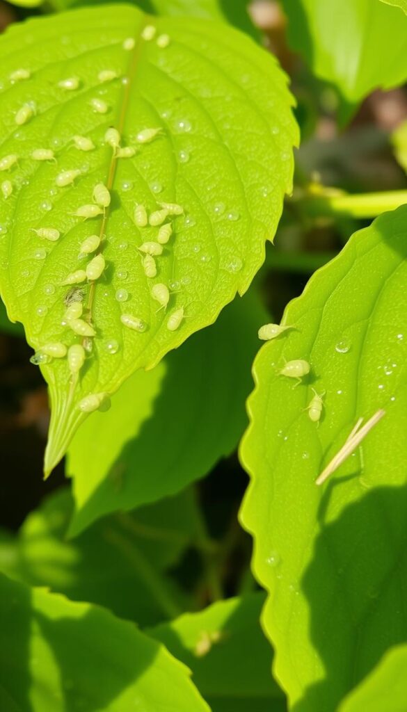 A close-up view of lush green leaves, with clusters of tiny, pale-green aphids dotting their surfaces. The aphids are feeding on the leaves, leaving behind glistening droplets of honeydew. Subtle shadows play across the leaves, suggesting soft, even lighting, while a slightly blurred background hints at a well-tended garden setting. The overall scene conveys a sense of close observation, highlighting the early signs of an aphid infestation that could lead to sooty mold growth if left unchecked. A close-up view of lush green leaves, with clusters of tiny, pale-green aphids dotting their surfaces. The aphids are feeding on the leaves, leaving behind glistening droplets of honeydew. Subtle shadows play across the leaves, suggesting soft, even lighting, while a slightly blurred background hints at a well-tended garden setting. The overall scene conveys a sense of close observation, highlighting the early signs of an aphid infestation that could lead to sooty mold growth if left unchecked.