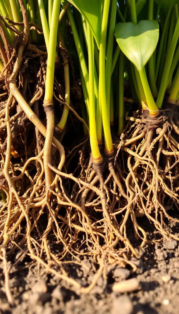 A close-up view of lush, intricate root systems of various perennial plants, showcased in a natural, earthy setting. The scene is illuminated by soft, warm lighting, casting gentle shadows that accentuate the intricate patterns and textures of the roots. The roots are prominently displayed, occupying the foreground, with a blurred, out-of-focus background that suggests a serene, natural environment. The composition highlights the diversity and complexity of root structures, providing a visually compelling representation of the "Techniques by root system" section of the article.