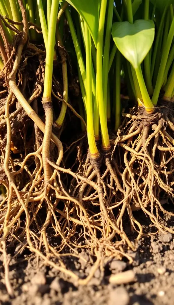 A close-up view of lush, intricate root systems of various perennial plants, showcased in a natural, earthy setting. The scene is illuminated by soft, warm lighting, casting gentle shadows that accentuate the intricate patterns and textures of the roots. The roots are prominently displayed, occupying the foreground, with a blurred, out-of-focus background that suggests a serene, natural environment. The composition highlights the diversity and complexity of root structures, providing a visually compelling representation of the "Techniques by root system" section of the article. A close-up view of lush, intricate root systems of various perennial plants, showcased in a natural, earthy setting. The scene is illuminated by soft, warm lighting, casting gentle shadows that accentuate the intricate patterns and textures of the roots. The roots are prominently displayed, occupying the foreground, with a blurred, out-of-focus background that suggests a serene, natural environment. The composition highlights the diversity and complexity of root structures, providing a visually compelling representation of the "Techniques by root system" section of the article.