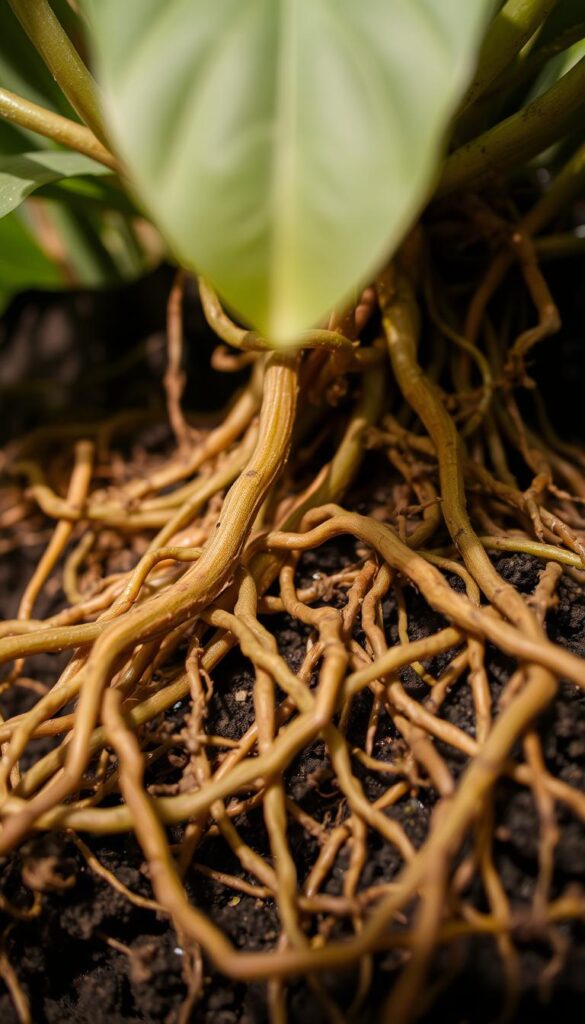 A close-up view of lush, tangled plant roots emerging from the soil. The roots are intertwined, forming a complex underground network. The lighting is soft and diffused, casting gentle shadows that accentuate the textural details. The focus is on the intricate patterns and organic shapes of the roots, with the background slightly blurred to emphasize the subject. The overall tone is earthy and natural, conveying the essential role of roots in sustaining plant life. A close-up view of lush, tangled plant roots emerging from the soil. The roots are intertwined, forming a complex underground network. The lighting is soft and diffused, casting gentle shadows that accentuate the textural details. The focus is on the intricate patterns and organic shapes of the roots, with the background slightly blurred to emphasize the subject. The overall tone is earthy and natural, conveying the essential role of roots in sustaining plant life.