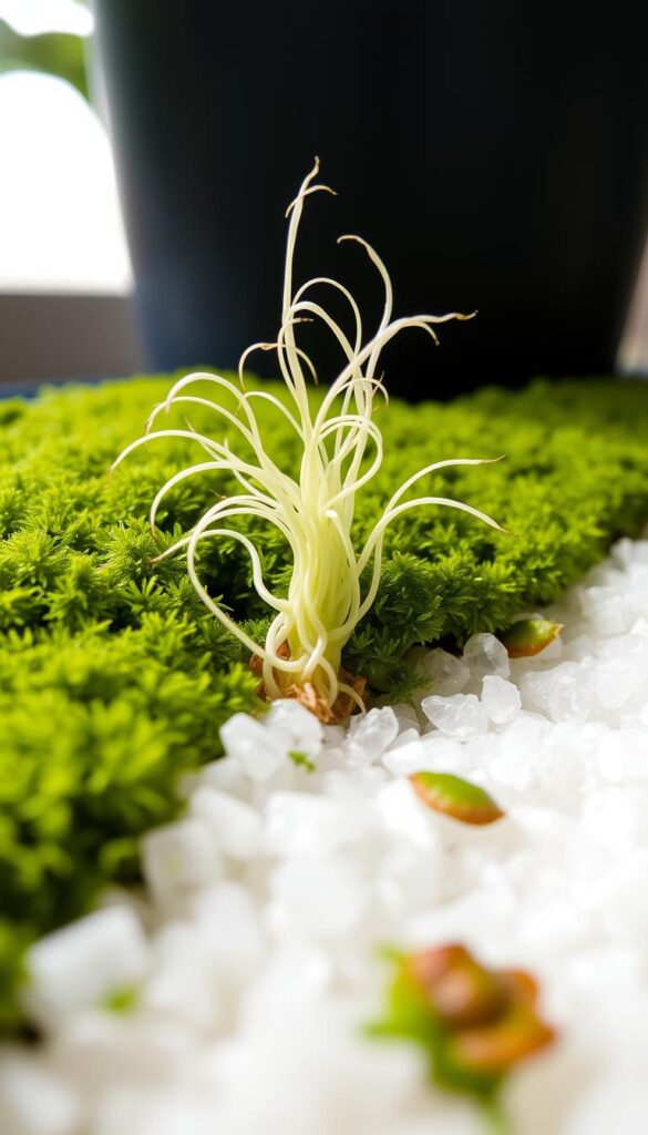 A close-up view of lush, verdant sphagnum moss and white perlite, their textures contrasting beautifully. In the foreground, a cluster of delicate monstera roots emerge from the moss, their pale tendrils reaching outwards. The lighting is soft and diffused, casting gentle shadows that accentuate the organic shapes. The background is blurred, allowing the focus to remain on the intricate root system taking hold in the moist, nutrient-rich medium. The overall mood is one of natural growth and new life, perfectly capturing the essence of monstera propagation in sphagnum moss and perlite. A close-up view of lush, verdant sphagnum moss and white perlite, their textures contrasting beautifully. In the foreground, a cluster of delicate monstera roots emerge from the moss, their pale tendrils reaching outwards. The lighting is soft and diffused, casting gentle shadows that accentuate the organic shapes. The background is blurred, allowing the focus to remain on the intricate root system taking hold in the moist, nutrient-rich medium. The overall mood is one of natural growth and new life, perfectly capturing the essence of monstera propagation in sphagnum moss and perlite.