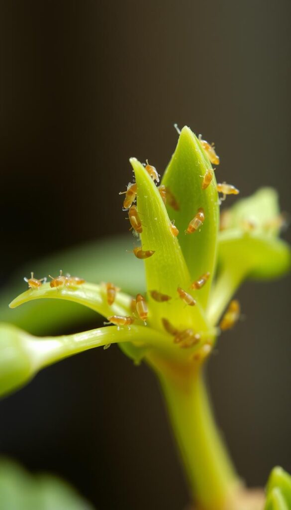 A close-up view of new plant growth, delicate green leaves emerging, infested with clusters of tiny aphids. The pests are swarming and feeding, their bodies translucent and glistening. Soft, diffused natural lighting illuminates the scene, creating a sense of fragility and vulnerability. The background is blurred, allowing the focal point to remain the tender foliage and the invasive aphids. The composition emphasizes the small scale of the interaction, drawing the viewer's attention to the potential threat these common garden pests pose to indoor plants.