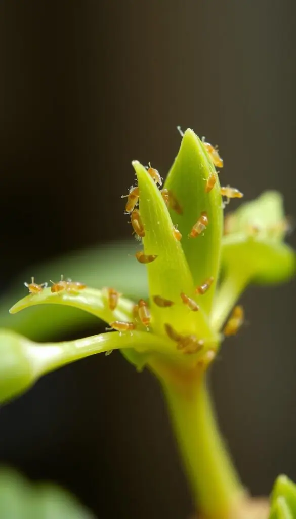A close-up view of new plant growth, delicate green leaves emerging, infested with clusters of tiny aphids. The pests are swarming and feeding, their bodies translucent and glistening. Soft, diffused natural lighting illuminates the scene, creating a sense of fragility and vulnerability. The background is blurred, allowing the focal point to remain the tender foliage and the invasive aphids. The composition emphasizes the small scale of the interaction, drawing the viewer's attention to the potential threat these common garden pests pose to indoor plants.
