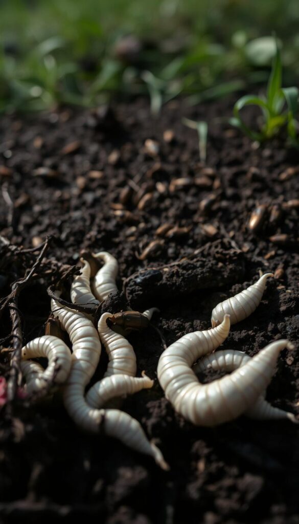 A close-up view of plump, white grubs squirming on a dark, moist soil surface. In the foreground, the grubs are nestled between tangled roots and decaying organic matter, casting subtle shadows. The middle ground features a scattering of small, brown beetles and other insects, hinting at the presence of a diverse pest population. The background is blurred, suggesting an out-of-focus lawn or garden setting, emphasizing the detailed focus on the grubs. The lighting is soft and natural, creating a moody, earthy atmosphere that conveys the unseen, subterranean world of these common lawn and garden pests. A close-up view of plump, white grubs squirming on a dark, moist soil surface. In the foreground, the grubs are nestled between tangled roots and decaying organic matter, casting subtle shadows. The middle ground features a scattering of small, brown beetles and other insects, hinting at the presence of a diverse pest population. The background is blurred, suggesting an out-of-focus lawn or garden setting, emphasizing the detailed focus on the grubs. The lighting is soft and natural, creating a moody, earthy atmosphere that conveys the unseen, subterranean world of these common lawn and garden pests.