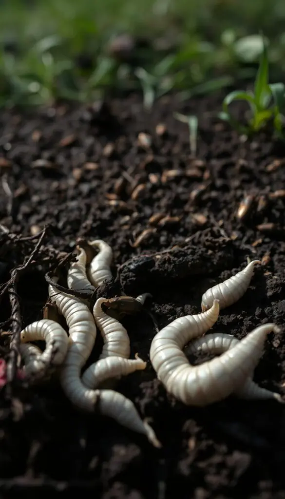 A close-up view of plump, white grubs squirming on a dark, moist soil surface. In the foreground, the grubs are nestled between tangled roots and decaying organic matter, casting subtle shadows. The middle ground features a scattering of small, brown beetles and other insects, hinting at the presence of a diverse pest population. The background is blurred, suggesting an out-of-focus lawn or garden setting, emphasizing the detailed focus on the grubs. The lighting is soft and natural, creating a moody, earthy atmosphere that conveys the unseen, subterranean world of these common lawn and garden pests. A close-up view of plump, white grubs squirming on a dark, moist soil surface. In the foreground, the grubs are nestled between tangled roots and decaying organic matter, casting subtle shadows. The middle ground features a scattering of small, brown beetles and other insects, hinting at the presence of a diverse pest population. The background is blurred, suggesting an out-of-focus lawn or garden setting, emphasizing the detailed focus on the grubs. The lighting is soft and natural, creating a moody, earthy atmosphere that conveys the unseen, subterranean world of these common lawn and garden pests.