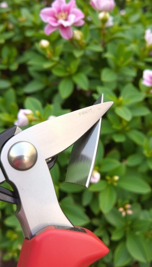 A close-up view of pruning shears making a clean, precise cut on the stem of a flowering shrub. The shears are held at a 45-degree angle, the blades sharp and gleaming in the soft, natural lighting. The cut surface is smooth, with a slight angle to encourage new growth. The shrub's lush, green foliage fills the middle ground, providing a verdant backdrop. In the foreground, the pruning cut is the focal point, showcasing the technique required to properly prune for optimal blooming. The overall mood is one of focused, careful attention to detail, reflecting the importance of making the right cuts for the health and vitality of the plant. A close-up view of pruning shears making a clean, precise cut on the stem of a flowering shrub. The shears are held at a 45-degree angle, the blades sharp and gleaming in the soft, natural lighting. The cut surface is smooth, with a slight angle to encourage new growth. The shrub's lush, green foliage fills the middle ground, providing a verdant backdrop. In the foreground, the pruning cut is the focal point, showcasing the technique required to properly prune for optimal blooming. The overall mood is one of focused, careful attention to detail, reflecting the importance of making the right cuts for the health and vitality of the plant.