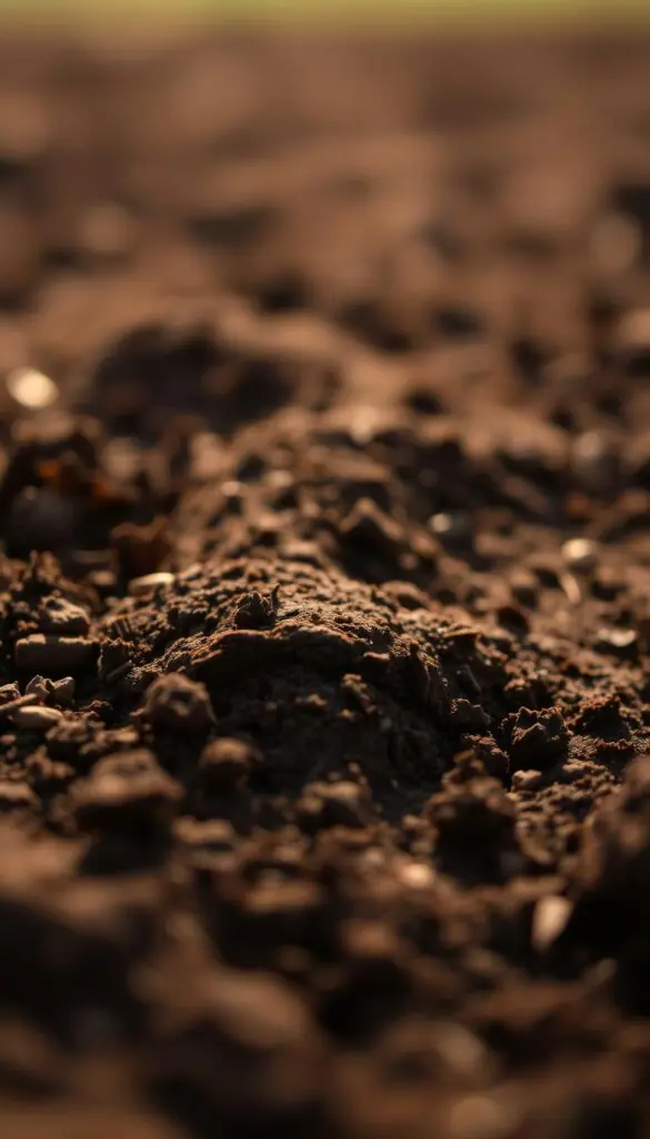 A close-up view of rich, dark brown soil with a mottled, loamy texture. The soil is gently disturbed, revealing a layered cross-section with varying shades of brown and hints of organic matter. The foreground is in sharp focus, drawing the eye to the intricate details of the soil structure. The middle ground softly blurs into a hazy, out-of-focus background, creating a sense of depth and emphasizing the soil's importance. Warm, natural lighting casts a subtle glow, highlighting the earthy tones and creating a serene, contemplative atmosphere. Shot with a macro lens from a low angle to capture the soil's complex, almost sculptural qualities. A close-up view of rich, dark brown soil with a mottled, loamy texture. The soil is gently disturbed, revealing a layered cross-section with varying shades of brown and hints of organic matter. The foreground is in sharp focus, drawing the eye to the intricate details of the soil structure. The middle ground softly blurs into a hazy, out-of-focus background, creating a sense of depth and emphasizing the soil's importance. Warm, natural lighting casts a subtle glow, highlighting the earthy tones and creating a serene, contemplative atmosphere. Shot with a macro lens from a low angle to capture the soil's complex, almost sculptural qualities.
