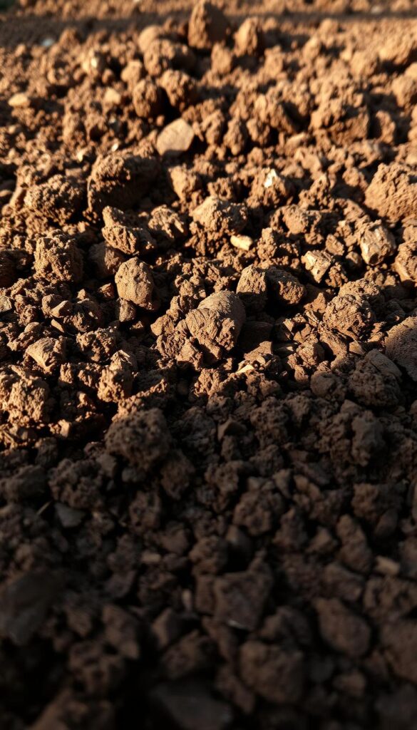A close-up view of rich, dark brown soil with a soft, crumbly texture, revealing the intricate network of organic matter, roots, and microorganisms that sustain healthy plant growth. The soil is illuminated by warm, natural lighting, casting gentle shadows that highlight the soil's depth and structure. The camera angle is slightly elevated, providing a detailed, almost tactile perspective of the soil's composition, inviting the viewer to closely examine the foundation for a thriving lawn. The image conveys a sense of vitality and the potential for vibrant, lush greenery to emerge from this fertile, nurturing ground.