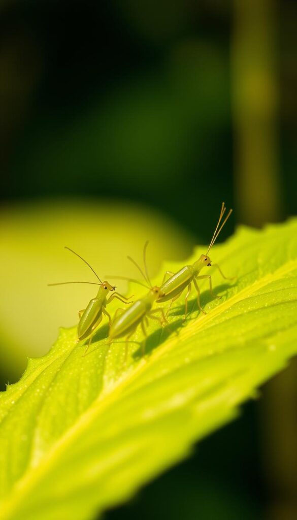 A close-up view of several green aphids crawling on a lush, verdant leaf. The aphids appear lifelike and detailed, their soft bodies and long antennae captured in sharp focus. The leaf fills the frame, with a blurred, out-of-focus background suggesting a natural, garden-like setting. Warm, soft lighting casts a gentle glow, creating a serene, calming atmosphere. The overall composition emphasizes the delicate, harmless nature of these common garden pests, hinting at the gentle, natural methods that can be used to control them. A close-up view of several green aphids crawling on a lush, verdant leaf. The aphids appear lifelike and detailed, their soft bodies and long antennae captured in sharp focus. The leaf fills the frame, with a blurred, out-of-focus background suggesting a natural, garden-like setting. Warm, soft lighting casts a gentle glow, creating a serene, calming atmosphere. The overall composition emphasizes the delicate, harmless nature of these common garden pests, hinting at the gentle, natural methods that can be used to control them.