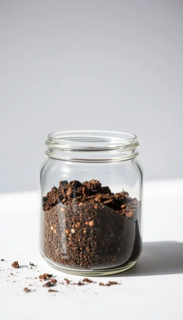 A close-up view of soil sample in an open glass jar, set against a plain background. The soil is a rich, dark brown color with visible organic matter and small pebbles. Bright, natural lighting illuminates the contents, creating soft shadows and highlights to showcase the texture and composition of the soil. The jar is positioned at a slight angle, inviting the viewer to examine the sample more closely. The overall mood is one of scientific inquiry and attention to detail, reflecting the importance of soil testing for lawn care success.