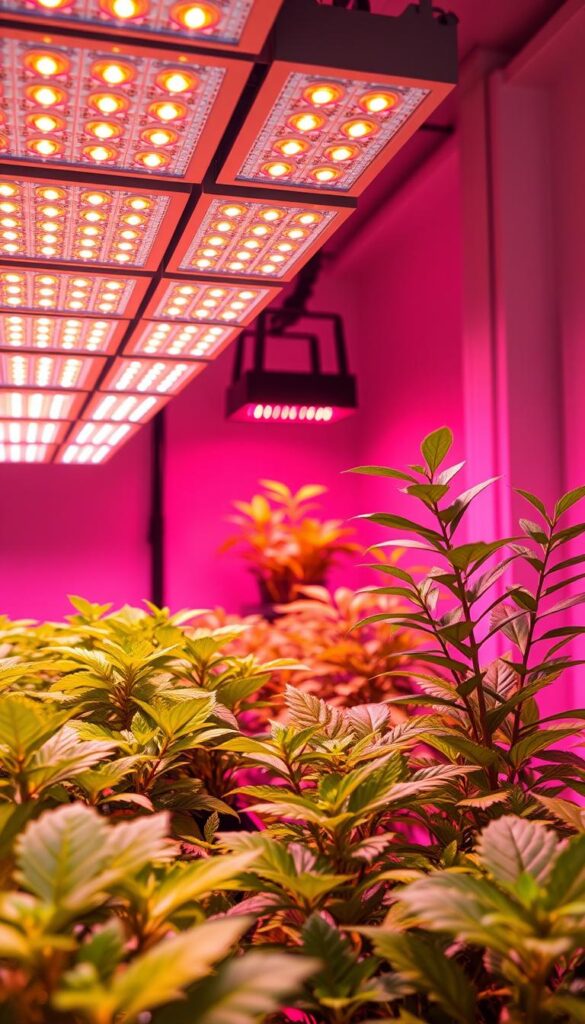 A closeup view of LED grow lights in an indoor plant nursery setting. The lights are arranged in a grid pattern, with individual LED panels emitting a warm, vibrant glow. The foreground showcases the intricate details of the LED modules, with their sleek, modern design and optimal light spectrum for photosynthesis. The middle ground features lush, verdant indoor plants thriving under the artificial illumination, their leaves and stems bathed in the rich, saturated hues of the LED spectrum. The background depicts a minimalist, clean interior space with smooth, reflective surfaces that enhance the overall lighting effects. The scene conveys a sense of technological sophistication and horticultural mastery, perfectly suited for an article on the various types of grow lights for indoor plants.