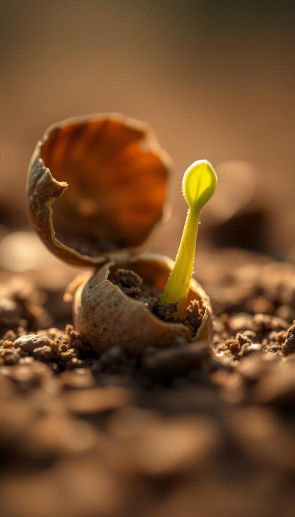 A closeup view of a germinating seed, bathed in warm, diffused lighting. The seed's outer shell has cracked open, revealing a delicate sprout emerging from the soil. The sprout's tender green leaves reach upwards, stretching towards the light. Intricate details of the seed's textures and the soil's grainy structure are visible. The background is softly blurred, allowing the seed's germination to take center stage. An aura of wonder and the quiet, natural magic of new life permeates the scene. A closeup view of a germinating seed, bathed in warm, diffused lighting. The seed's outer shell has cracked open, revealing a delicate sprout emerging from the soil. The sprout's tender green leaves reach upwards, stretching towards the light. Intricate details of the seed's textures and the soil's grainy structure are visible. The background is softly blurred, allowing the seed's germination to take center stage. An aura of wonder and the quiet, natural magic of new life permeates the scene.