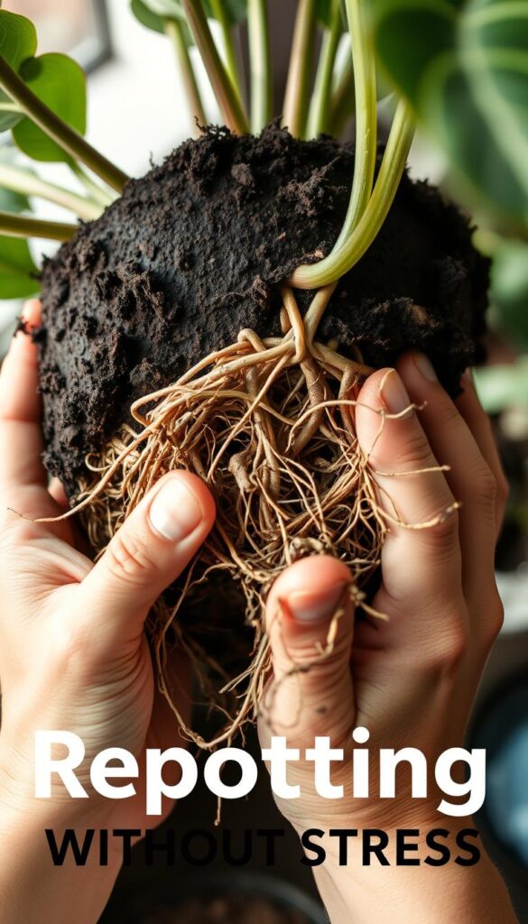 A closeup view of a person's hands carefully repotting a potted plant, revealing an intricate network of healthy roots. The roots are gently exposed, with soil gently falling away to reveal their delicate structure. Soft, natural lighting illuminates the scene, casting gentle shadows that highlight the textural details. The focus is tight, drawing the viewer's attention to the task at hand - the mindful process of repotting to ensure the plant's continued growth and wellbeing. A sense of care and attention to detail pervades the image, reflecting the "repotting without stress" theme. A closeup view of a person's hands carefully repotting a potted plant, revealing an intricate network of healthy roots. The roots are gently exposed, with soil gently falling away to reveal their delicate structure. Soft, natural lighting illuminates the scene, casting gentle shadows that highlight the textural details. The focus is tight, drawing the viewer's attention to the task at hand - the mindful process of repotting to ensure the plant's continued growth and wellbeing. A sense of care and attention to detail pervades the image, reflecting the "repotting without stress" theme.
