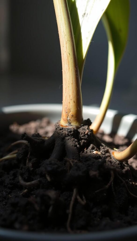 A closeup view of the roots of a snake plant, revealing the signs of root rot. The soil is dark and damp, with blackened and mushy roots protruding. The image has a moody, somber tone, lit by soft, indirect natural lighting that casts subtle shadows. The focus is sharp on the damaged roots, while the surrounding context is slightly blurred, emphasizing the rotting issue. The composition highlights the unhealthy state of the plant's root system, conveying the troubling nature of this common houseplant problem. A closeup view of the roots of a snake plant, revealing the signs of root rot. The soil is dark and damp, with blackened and mushy roots protruding. The image has a moody, somber tone, lit by soft, indirect natural lighting that casts subtle shadows. The focus is sharp on the damaged roots, while the surrounding context is slightly blurred, emphasizing the rotting issue. The composition highlights the unhealthy state of the plant's root system, conveying the troubling nature of this common houseplant problem.