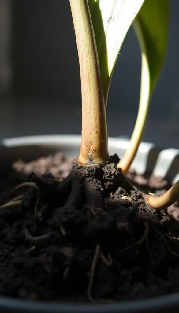 A closeup view of the roots of a snake plant, revealing the signs of root rot. The soil is dark and damp, with blackened and mushy roots protruding. The image has a moody, somber tone, lit by soft, indirect natural lighting that casts subtle shadows. The focus is sharp on the damaged roots, while the surrounding context is slightly blurred, emphasizing the rotting issue. The composition highlights the unhealthy state of the plant's root system, conveying the troubling nature of this common houseplant problem. A closeup view of the roots of a snake plant, revealing the signs of root rot. The soil is dark and damp, with blackened and mushy roots protruding. The image has a moody, somber tone, lit by soft, indirect natural lighting that casts subtle shadows. The focus is sharp on the damaged roots, while the surrounding context is slightly blurred, emphasizing the rotting issue. The composition highlights the unhealthy state of the plant's root system, conveying the troubling nature of this common houseplant problem.
