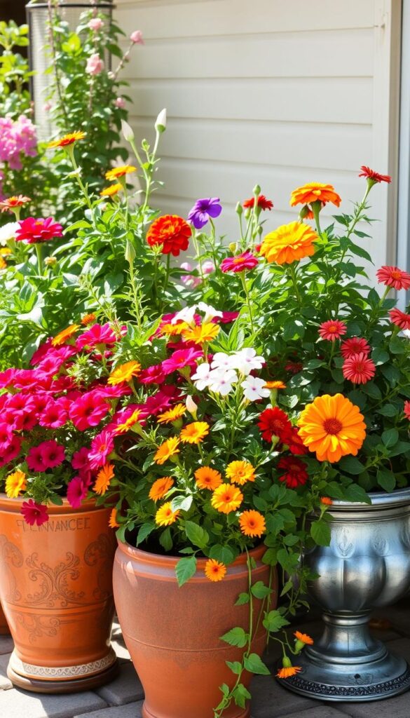 A cluster of decorative planters in a sunny outdoor setting, with lush, vibrant flowers cascading over the edges. The containers are made of a mix of materials such as terracotta, glazed ceramic, and weathered metal, arranged in a visually appealing layout. Sunlight filters through the foliage, creating a warm, inviting atmosphere. The flowers include a variety of low-maintenance species such as petunias, marigolds, and lantanas, each adding pops of color and texture to the scene. The image has a sense of effortless beauty, highlighting how these resilient, container-friendly plants can thrive with minimal care, even for busy gardeners. A cluster of decorative planters in a sunny outdoor setting, with lush, vibrant flowers cascading over the edges. The containers are made of a mix of materials such as terracotta, glazed ceramic, and weathered metal, arranged in a visually appealing layout. Sunlight filters through the foliage, creating a warm, inviting atmosphere. The flowers include a variety of low-maintenance species such as petunias, marigolds, and lantanas, each adding pops of color and texture to the scene. The image has a sense of effortless beauty, highlighting how these resilient, container-friendly plants can thrive with minimal care, even for busy gardeners.