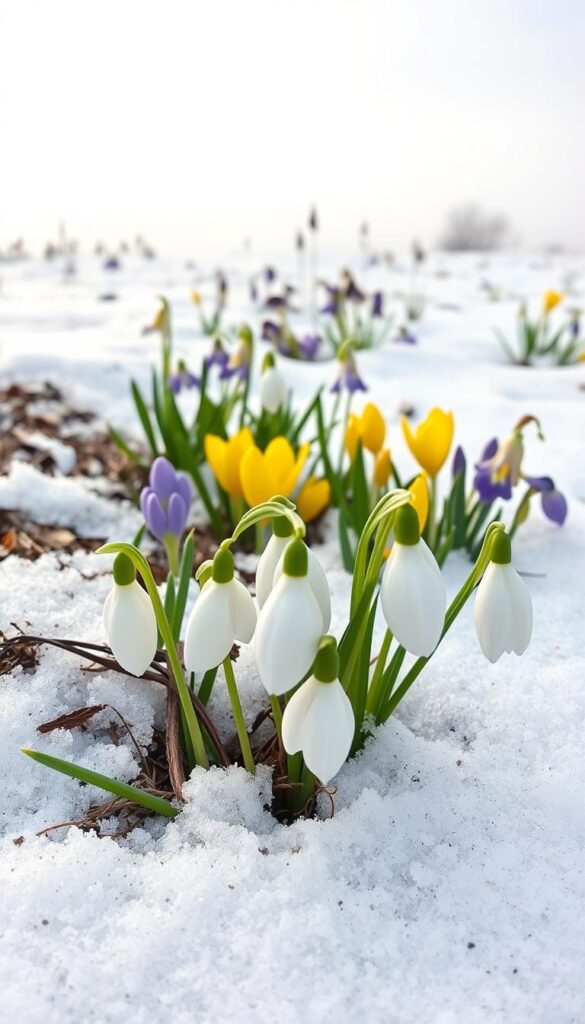 A cluster of late winter bulbs emerging from a light dusting of snow, their delicate blooms unfurling defiantly against the last vestiges of winter. In the foreground, a close-up view of snowdrops, their pristine white petals gently cupped, illuminated by soft, natural light filtering through the overcast sky. Surrounding them, a mix of early crocus and winter aconite, their vibrant yellow and purple hues adding pops of color to the serene, minimalist landscape. In the middle distance, a scattering of muscari and dwarf iris, their spikes and nodding heads creating a sense of depth and layering. The overall scene conveys a mood of quiet resilience, a promise of the renewal to come as the natural world slowly awakens from its winter slumber. Prompt