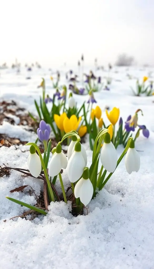 A cluster of late winter bulbs emerging from a light dusting of snow, their delicate blooms unfurling defiantly against the last vestiges of winter. In the foreground, a close-up view of snowdrops, their pristine white petals gently cupped, illuminated by soft, natural light filtering through the overcast sky. Surrounding them, a mix of early crocus and winter aconite, their vibrant yellow and purple hues adding pops of color to the serene, minimalist landscape. In the middle distance, a scattering of muscari and dwarf iris, their spikes and nodding heads creating a sense of depth and layering. The overall scene conveys a mood of quiet resilience, a promise of the renewal to come as the natural world slowly awakens from its winter slumber. Prompt A cluster of late winter bulbs emerging from a light dusting of snow, their delicate blooms unfurling defiantly against the last vestiges of winter. In the foreground, a close-up view of snowdrops, their pristine white petals gently cupped, illuminated by soft, natural light filtering through the overcast sky. Surrounding them, a mix of early crocus and winter aconite, their vibrant yellow and purple hues adding pops of color to the serene, minimalist landscape. In the middle distance, a scattering of muscari and dwarf iris, their spikes and nodding heads creating a sense of depth and layering. The overall scene conveys a mood of quiet resilience, a promise of the renewal to come as the natural world slowly awakens from its winter slumber. Prompt