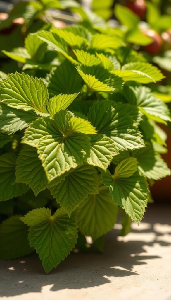 A cluster of vibrant green leaves, gently swaying in the warm breeze, casting delicate shadows on the surface below. The leaves are densely packed, with intricate veins and a glossy sheen, hinting at the lush foliage of a healthy plant. The lighting is soft and diffused, creating a serene and natural atmosphere. The leaves are positioned in the foreground, drawing the viewer's attention, while the background is slightly blurred, creating a sense of depth and focus. The overall scene conveys a sense of tranquility and the beauty of nature, perfect for illustrating the section on common problems and pests in the article on growing strawberries in hanging baskets. A cluster of vibrant green leaves, gently swaying in the warm breeze, casting delicate shadows on the surface below. The leaves are densely packed, with intricate veins and a glossy sheen, hinting at the lush foliage of a healthy plant. The lighting is soft and diffused, creating a serene and natural atmosphere. The leaves are positioned in the foreground, drawing the viewer's attention, while the background is slightly blurred, creating a sense of depth and focus. The overall scene conveys a sense of tranquility and the beauty of nature, perfect for illustrating the section on common problems and pests in the article on growing strawberries in hanging baskets.
