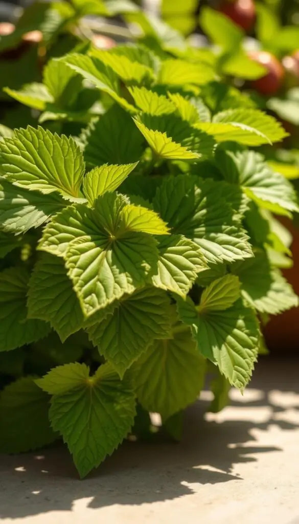 A cluster of vibrant green leaves, gently swaying in the warm breeze, casting delicate shadows on the surface below. The leaves are densely packed, with intricate veins and a glossy sheen, hinting at the lush foliage of a healthy plant. The lighting is soft and diffused, creating a serene and natural atmosphere. The leaves are positioned in the foreground, drawing the viewer's attention, while the background is slightly blurred, creating a sense of depth and focus. The overall scene conveys a sense of tranquility and the beauty of nature, perfect for illustrating the section on common problems and pests in the article on growing strawberries in hanging baskets. A cluster of vibrant green leaves, gently swaying in the warm breeze, casting delicate shadows on the surface below. The leaves are densely packed, with intricate veins and a glossy sheen, hinting at the lush foliage of a healthy plant. The lighting is soft and diffused, creating a serene and natural atmosphere. The leaves are positioned in the foreground, drawing the viewer's attention, while the background is slightly blurred, creating a sense of depth and focus. The overall scene conveys a sense of tranquility and the beauty of nature, perfect for illustrating the section on common problems and pests in the article on growing strawberries in hanging baskets.