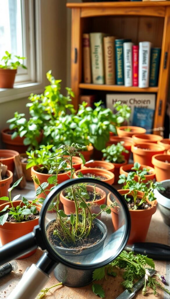 A cluttered tabletop filled with various herbs and gardening tools, bathed in soft, natural lighting that filters in through a nearby window. In the foreground, a magnifying glass hovers over a struggling plant, highlighting the delicate leaves and stems. The middle ground features an array of terracotta pots, each housing a different herb variety, some thriving, others wilting. In the background, a weathered wooden bookshelf holds a few gardening reference books, hinting at the owner's attempts to troubleshoot and find solutions. The overall atmosphere conveys a sense of contemplation and problem-solving, as the viewer is invited to explore the common challenges of growing herbs indoors. A cluttered tabletop filled with various herbs and gardening tools, bathed in soft, natural lighting that filters in through a nearby window. In the foreground, a magnifying glass hovers over a struggling plant, highlighting the delicate leaves and stems. The middle ground features an array of terracotta pots, each housing a different herb variety, some thriving, others wilting. In the background, a weathered wooden bookshelf holds a few gardening reference books, hinting at the owner's attempts to troubleshoot and find solutions. The overall atmosphere conveys a sense of contemplation and problem-solving, as the viewer is invited to explore the common challenges of growing herbs indoors.