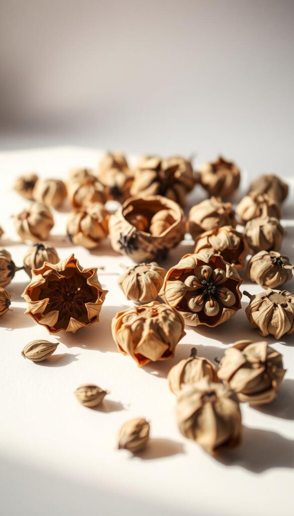 A collection of dried seed pods, arranged in an orderly still life composition. In the foreground, several pods of varying shapes and sizes are displayed against a crisp, white background, casting soft, natural shadows. The middle ground features a mix of open and closed pods, showcasing the intricate textures and patterns of the dried seeds within. The background is gently blurred, creating a sense of depth and focus on the primary subject. Soft, warm lighting illuminates the scene, highlighting the earthy tones and organic forms of the drying pods. The overall mood is one of serene contemplation, inviting the viewer to appreciate the beauty and function of these natural, self-contained seed vessels. A collection of dried seed pods, arranged in an orderly still life composition. In the foreground, several pods of varying shapes and sizes are displayed against a crisp, white background, casting soft, natural shadows. The middle ground features a mix of open and closed pods, showcasing the intricate textures and patterns of the dried seeds within. The background is gently blurred, creating a sense of depth and focus on the primary subject. Soft, warm lighting illuminates the scene, highlighting the earthy tones and organic forms of the drying pods. The overall mood is one of serene contemplation, inviting the viewer to appreciate the beauty and function of these natural, self-contained seed vessels.