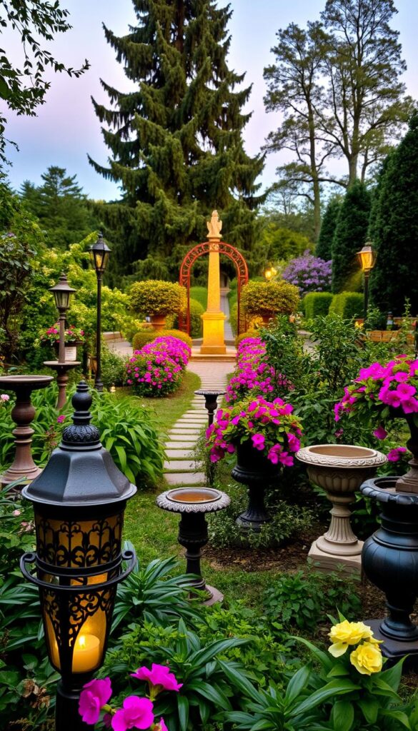 A collection of ornamental garden fixtures in a lush, verdant setting. In the foreground, an elegant cast-iron lantern emits a soft, warm glow, casting a gentle ambiance across the scene. Surrounding it, a variety of decorative planters and urns in intricate designs, some overflowing with cascading blooms. In the middle ground, a path winds through a profusion of vibrant flowers and greenery, leading the eye towards a focal point - a handcrafted trellis or obelisk, its architectural silhouette accentuated by strategically placed spotlights. The background features a harmonious blend of mature trees and shrubs, their leaves rustling in a gentle breeze, creating a sense of tranquility and natural harmony. A collection of ornamental garden fixtures in a lush, verdant setting. In the foreground, an elegant cast-iron lantern emits a soft, warm glow, casting a gentle ambiance across the scene. Surrounding it, a variety of decorative planters and urns in intricate designs, some overflowing with cascading blooms. In the middle ground, a path winds through a profusion of vibrant flowers and greenery, leading the eye towards a focal point - a handcrafted trellis or obelisk, its architectural silhouette accentuated by strategically placed spotlights. The background features a harmonious blend of mature trees and shrubs, their leaves rustling in a gentle breeze, creating a sense of tranquility and natural harmony.