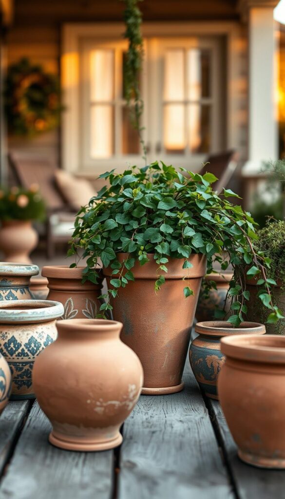 A collection of rustic, weathered terracotta pots in the foreground, arranged artfully on a wooden plank surface. The pots feature various shapes and sizes, with intricate textures and a muted, earthy color palette. In the middle ground, lush greenery and trailing vines cascade from the pots, creating a natural, organic feel. The background is softly blurred, suggesting an inviting porch or outdoor setting, bathed in warm, diffused lighting that casts gentle shadows. The overall atmosphere is cozy, autumnal, and inviting, perfect for showcasing a DIY winter planter display.